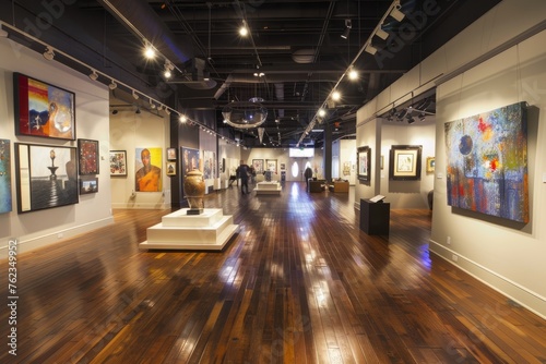 A large room with polished wooden floors filled with a variety of paintings displayed on the walls