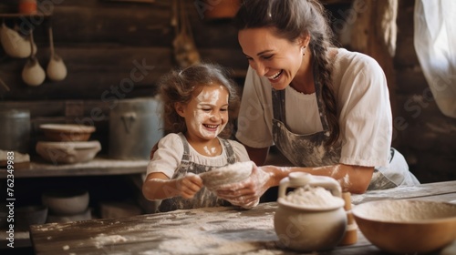 Cheerful Spanish mother and her 5-year-old daughter kneading flour dough in kitchen, family baking concept, banner