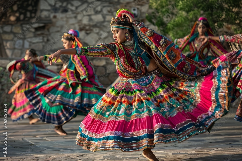 A group of women adorned in vibrant dresses gracefully dancing in a traditional performance, showcasing the beauty of cultural dance