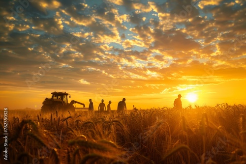 A group of farmers standing on top of a field during sunrise, harvesting crops against a scenic backdrop
