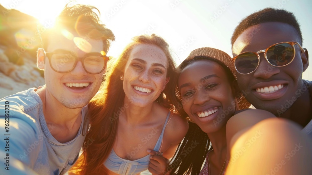 Sunset Laughter with Friends: A Joyful Beach Selfie Moment - Generative AI