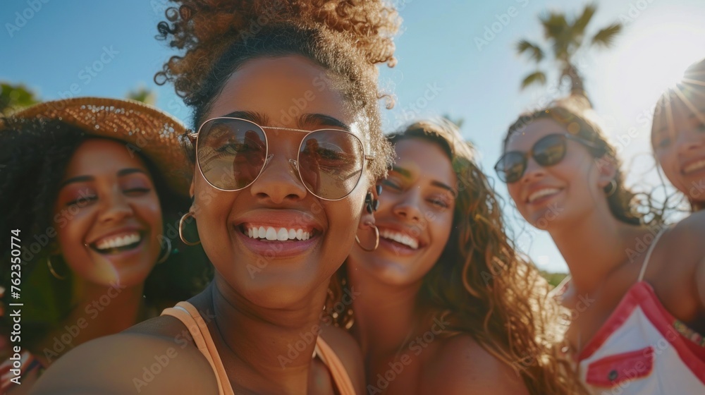 Sunset Laughter with Friends: A Joyful Beach Selfie Moment - Generative AI Sunset Laughter with Friends: A Joyful Beach Selfie Moment - Generative AI
