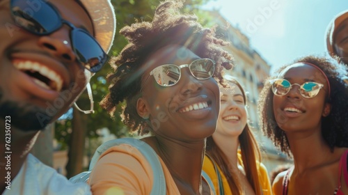 Sunset Laughter with Friends: A Joyful Beach Selfie Moment - Generative AI