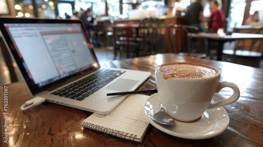 Creative Entrepreneur at Work Stylish Workspace with Laptop Notepad and Coffee in Trendy Cafe Creative Entrepreneur at Work Stylish Workspace with Laptop Notepad and Coffee in Trendy Cafe