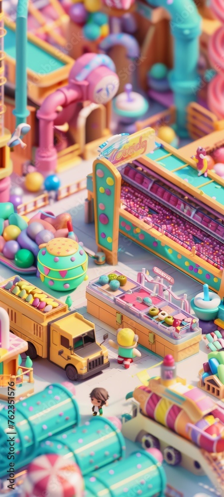 A cute isometric 3D model of a whimsical candy factory, with conveyors of colorful sweets and tiny workers in candy-themed outfits