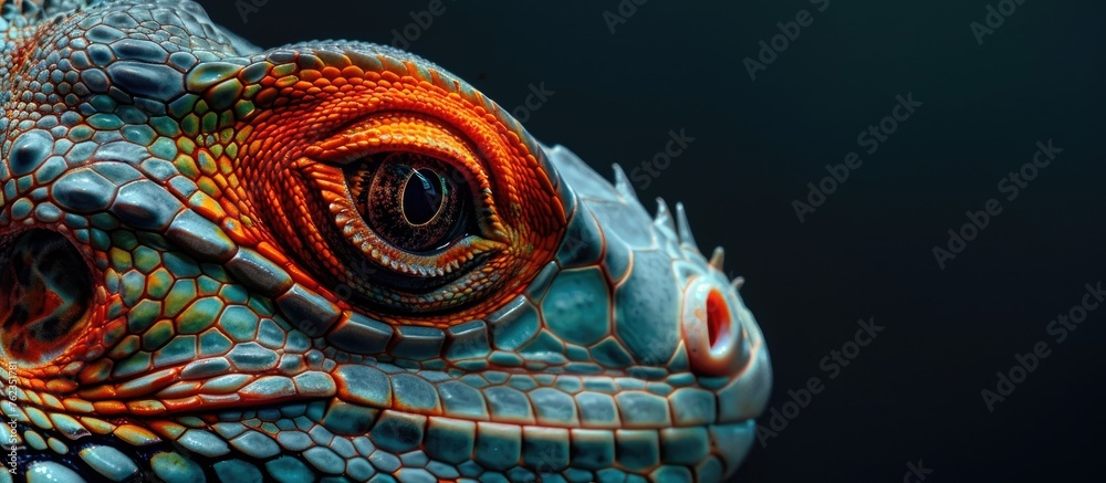An illustration of a fictional character inspired by a terrestrial animal, a lizard, with a red eye and detailed snout, painted in darkness to highlight its wildlife essence