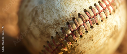 Dirty leather baseball ball on green baseball field. Professional sport equipment. Close up. Generative ai photo