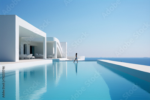 Modern architecture, minimalist white villa with infinity pool overlooking the ocean, blue sky © AalamAmil