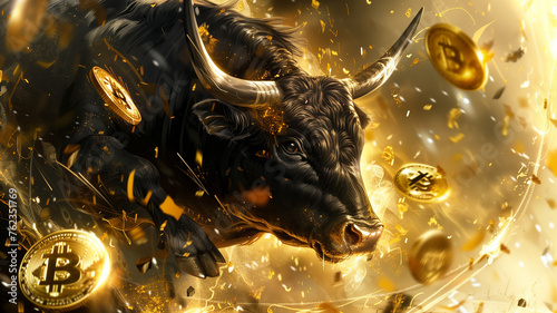Gold bull with Bitcoin symbol.