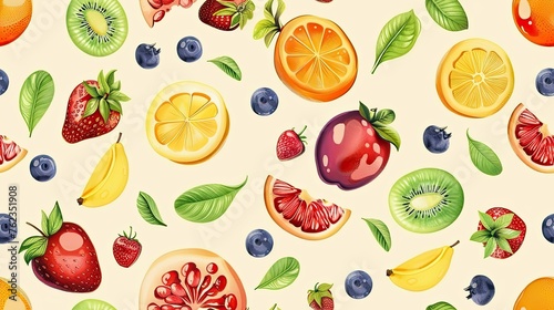 an assortment of beautiful fruits  arranged in a visually pleasing and realistic manner  ideal for textile or wallpaper designs. SEAMLESS PATTERN