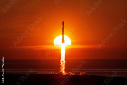 Photorealistic ai artwork of a rocket launch with the sun behind the silhouette. Generative ai.