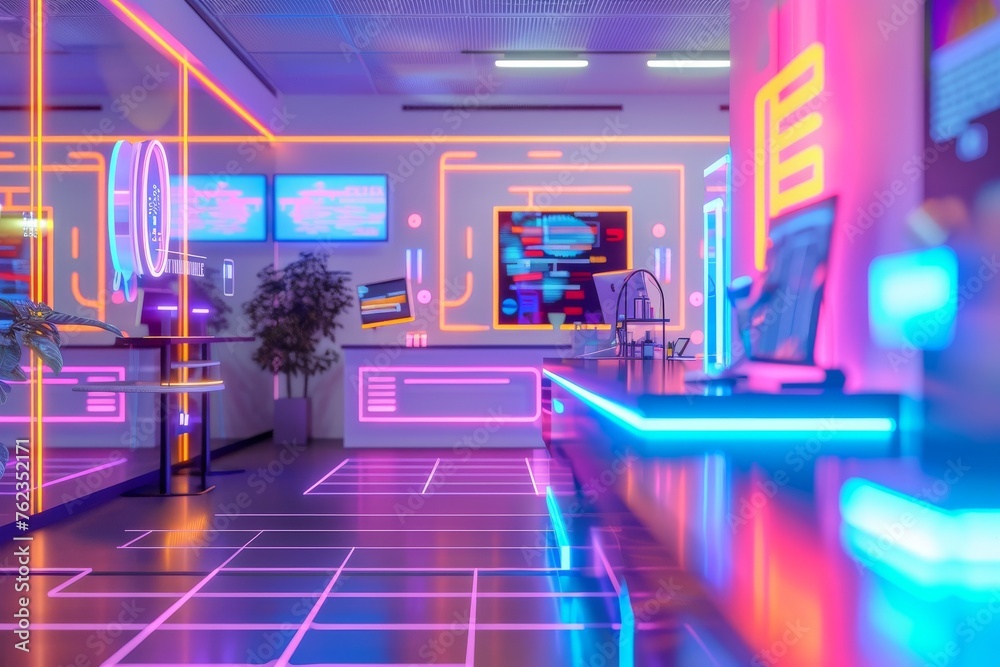 An animated 3D model of a neon-themed insurance company, with digital risk assessment tools and holographic client meetings An animated 3D model of a neon-themed insurance company, with digital risk assessment tools and holographic client meetings