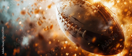 Close up of Rugby ball with grunge dirty texture on background with sparkles, lights, flares, bokeh. Professional sport banner. Generative ai