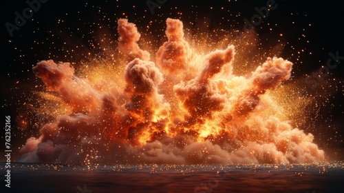 An explosion against a black background with hot sparks and smoke