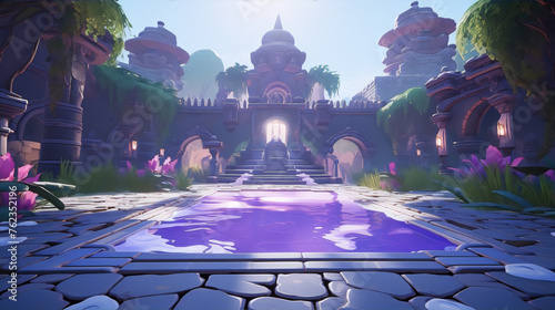 Mystical temple ruins overgrown with plants and a purple pool in the center. photo