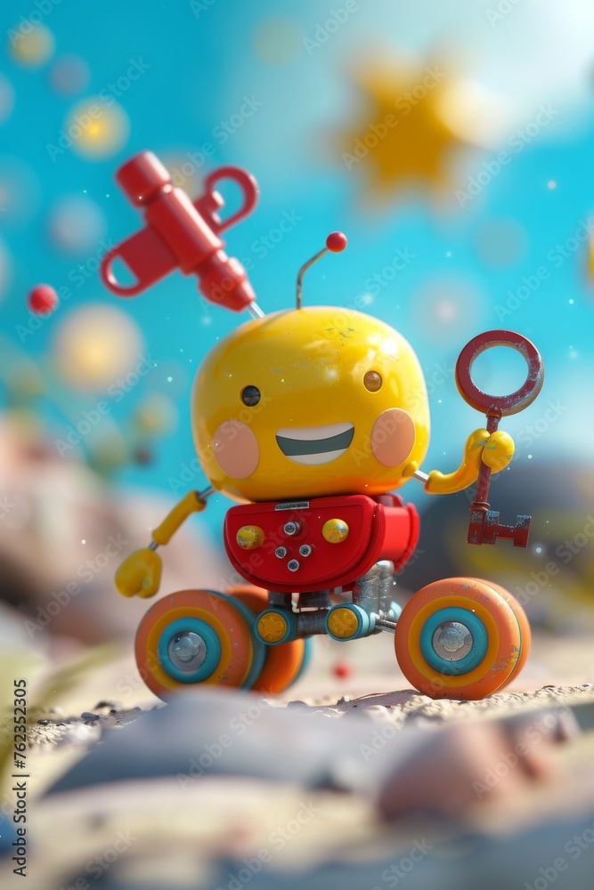 Fototapeta premium An animated 3D scene of a charming wind-up toy, with a key that turns with excitement and wheels that cheerfully roll