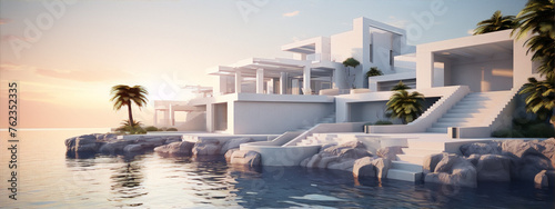3D rendering of a modern beach house with pool and palm trees in a minimalist style with white and blue colors