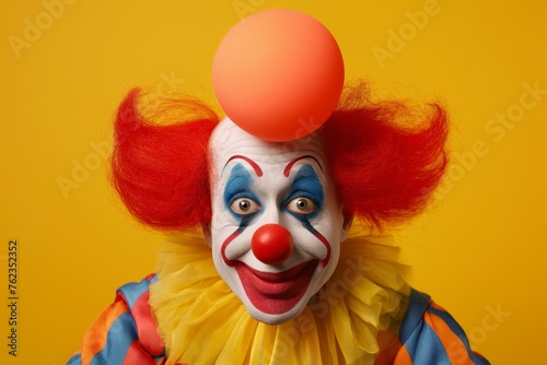 Joyful Clown with Vibrant Red Hair on Yellow isolated background. Circus performer laughs while looking at the camera. April Fools Day