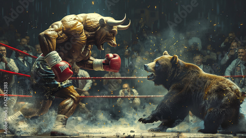 Bull and bear in boxing match. bitcoin concept