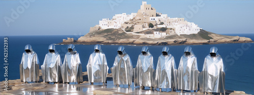 Seven silver-hooded figures stand in front of a costal village