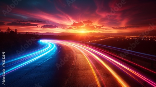 Long exposure modern image with motion blur effect and colorful light trails.