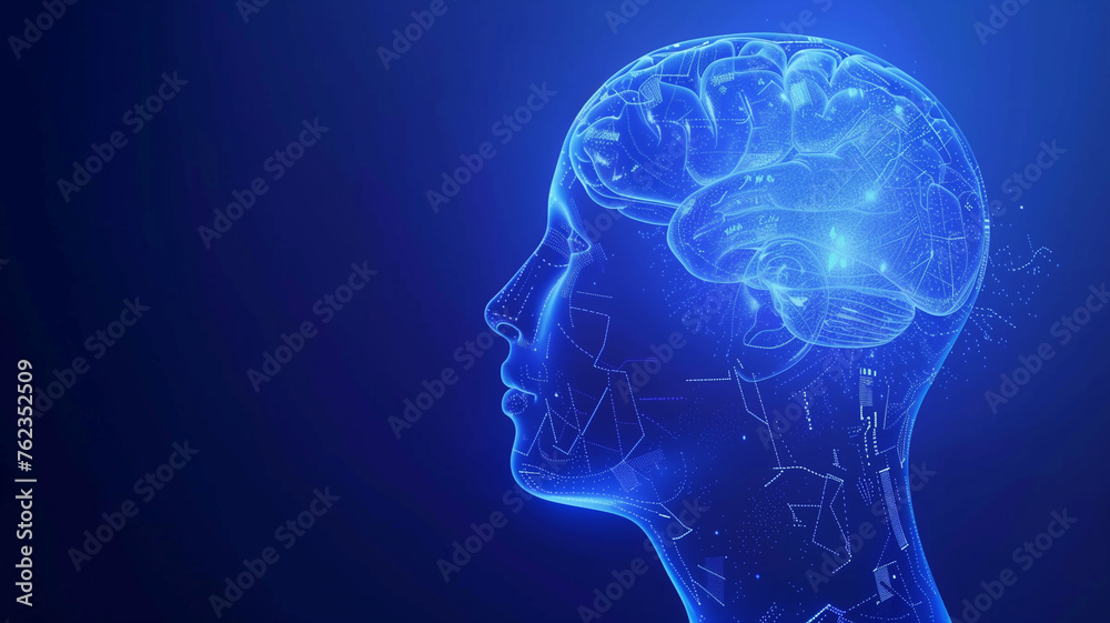 Fototapeta premium AI face profile in data stream.digital cyber technology