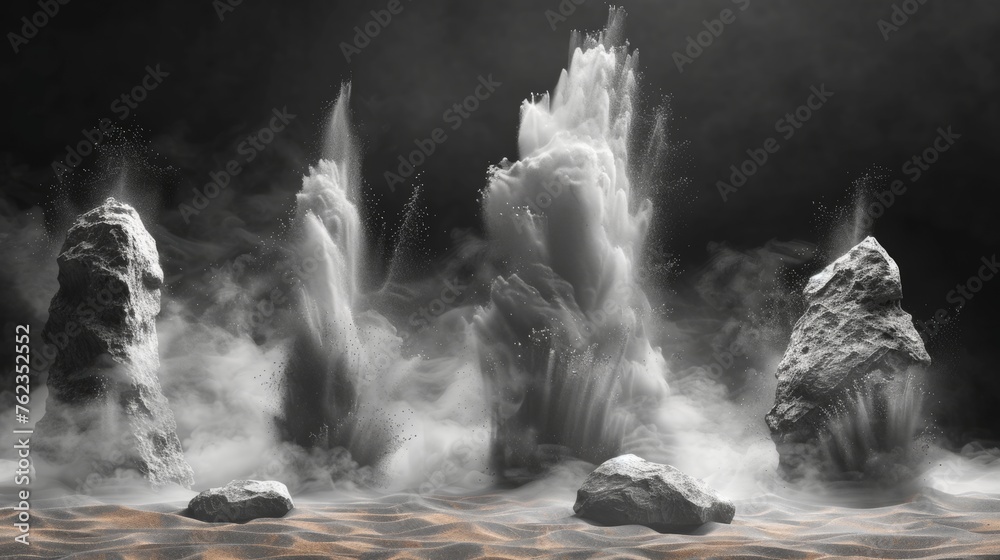 Realistic modern illustration of sand clouds with stones and falling dust. Desert sandstorm illustration.