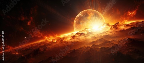 A beautiful natural landscape filled with the afterglow of a star exploding in space, creating a red sky at morning or sunset