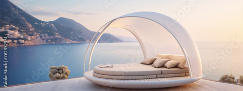 Futuristic luxury furniture on a terrace with a scenic view of the sea
