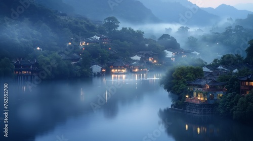 Chinese-style_village_situated_amidst_the_mountains