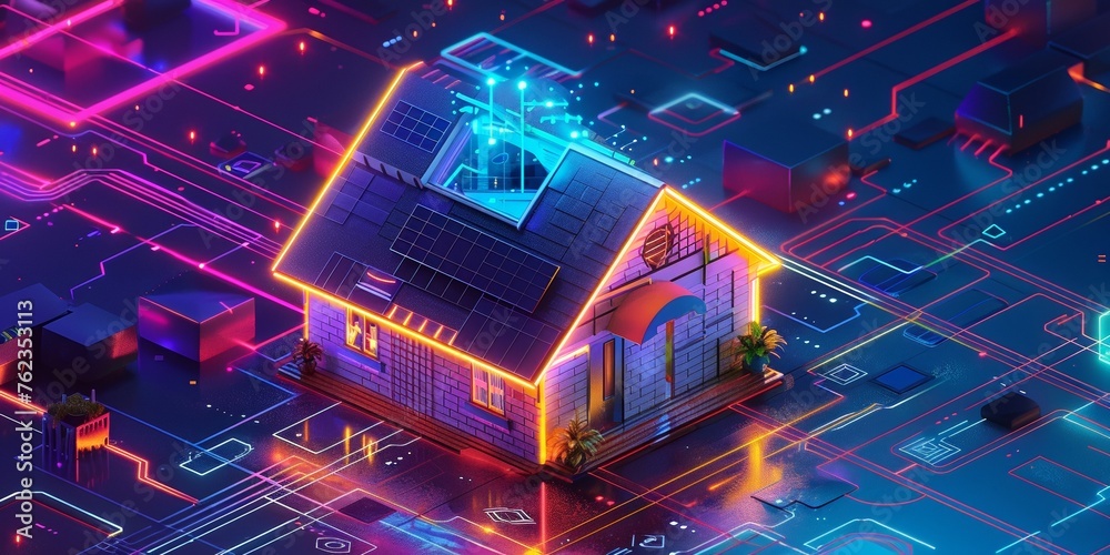 An isometric 3D depiction of a small, neon-infused futuristic home with smart tech and holographic windows An isometric 3D depiction of a small, neon-infused futuristic home with smart tech and holographic windows