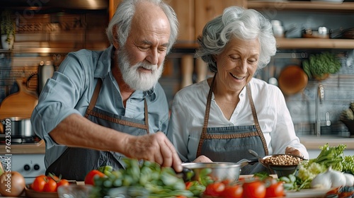 Happy senior couple cooking together in kitchen at home. They are looking at each other and smiling.
