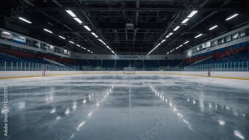 Silent hockey rink, ice pristine and untouched, surrounded by rows of empty seats, their emptiness echoing in the stillness.