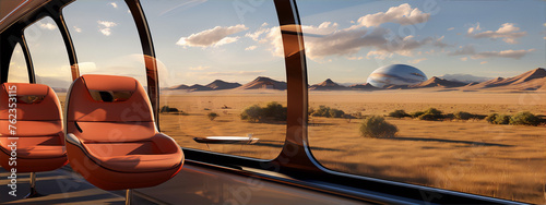 Futuristic train interior concept art with a desert landscape outside the window © AalamAmil