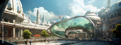 Futuristic city with glass dome in the center of the city with blue sky and white clouds in the background.