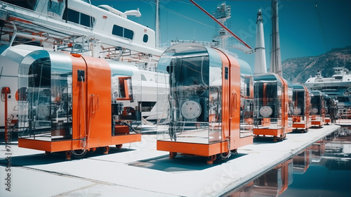 futuristic orange glass autonomous vehicles in a shipyard