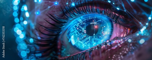 Close-up of intricate cybernetic eye, circuits glowing with futuristic blue light