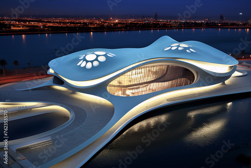 Futuristic architectural structure resembling a manta ray with blue and white colors.