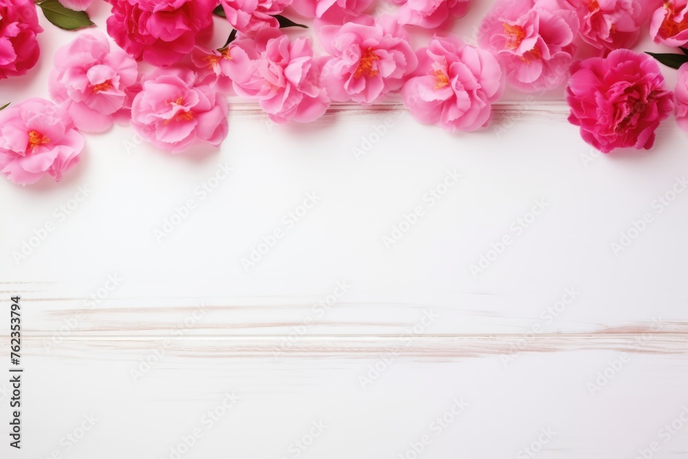 Fresh pink camellia flowers creating a beautiful natural border on a white wooden background, ideal for springtime. Fresh pink camellia flowers creating a beautiful natural border on a white wooden background, ideal for springtime.