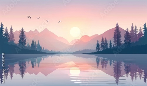 Tranquil Dusk: Serene Lake and Mountains in Sunset Splendor - Generative AI