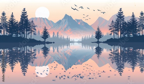 Tranquil Dusk: Serene Lake and Mountains in Sunset Splendor - Generative AI