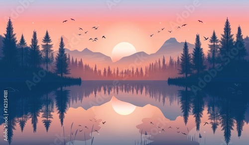 Tranquil Dusk: Serene Lake and Mountains in Sunset Splendor - Generative AI