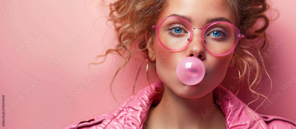 A fashionable girl with a stylish haircut inflates a chewing gum. A girl in the studio on a pink background. Copying Space