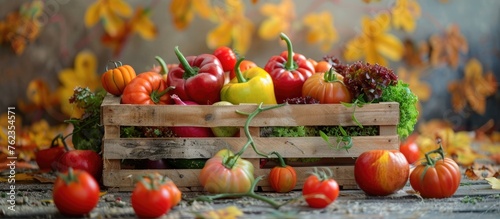 A wooden box filled with fresh  natural foods including tomatoes  peppers  and other vegetables perfect ingredients for wholesome recipes and staple foods