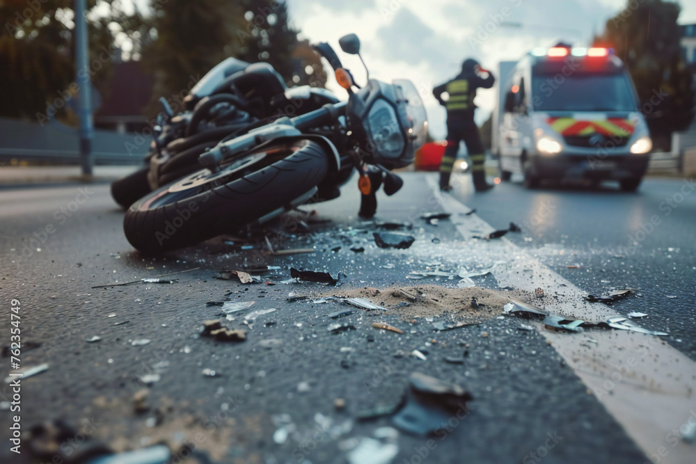Crash on the road. Close up of a motorcycle accident on the road	
