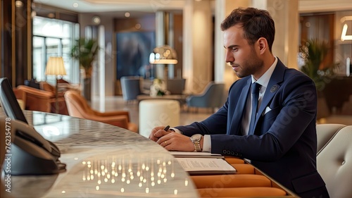 luxury and hospitality with realistic photos showcasing the concierge service, check-in, and check-out processes of our high-end accommodation management business. photo