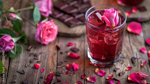 Summer refreshment tea from rose flowers. Cold drink in glass with raspberry chocolate, pink petals. On wooden background, copy space
