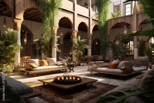 3D rendering of a Moroccan courtyard with sofas, plants, and a fire pit in the middle in realistic style