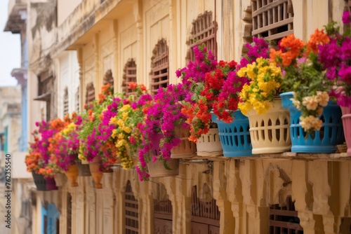 Beautiful balcony adorned with vibrant flowers in pots, featuring soft, warm hues