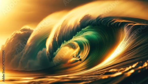 Surfer Riding Giant Wave at Sunset © Henry